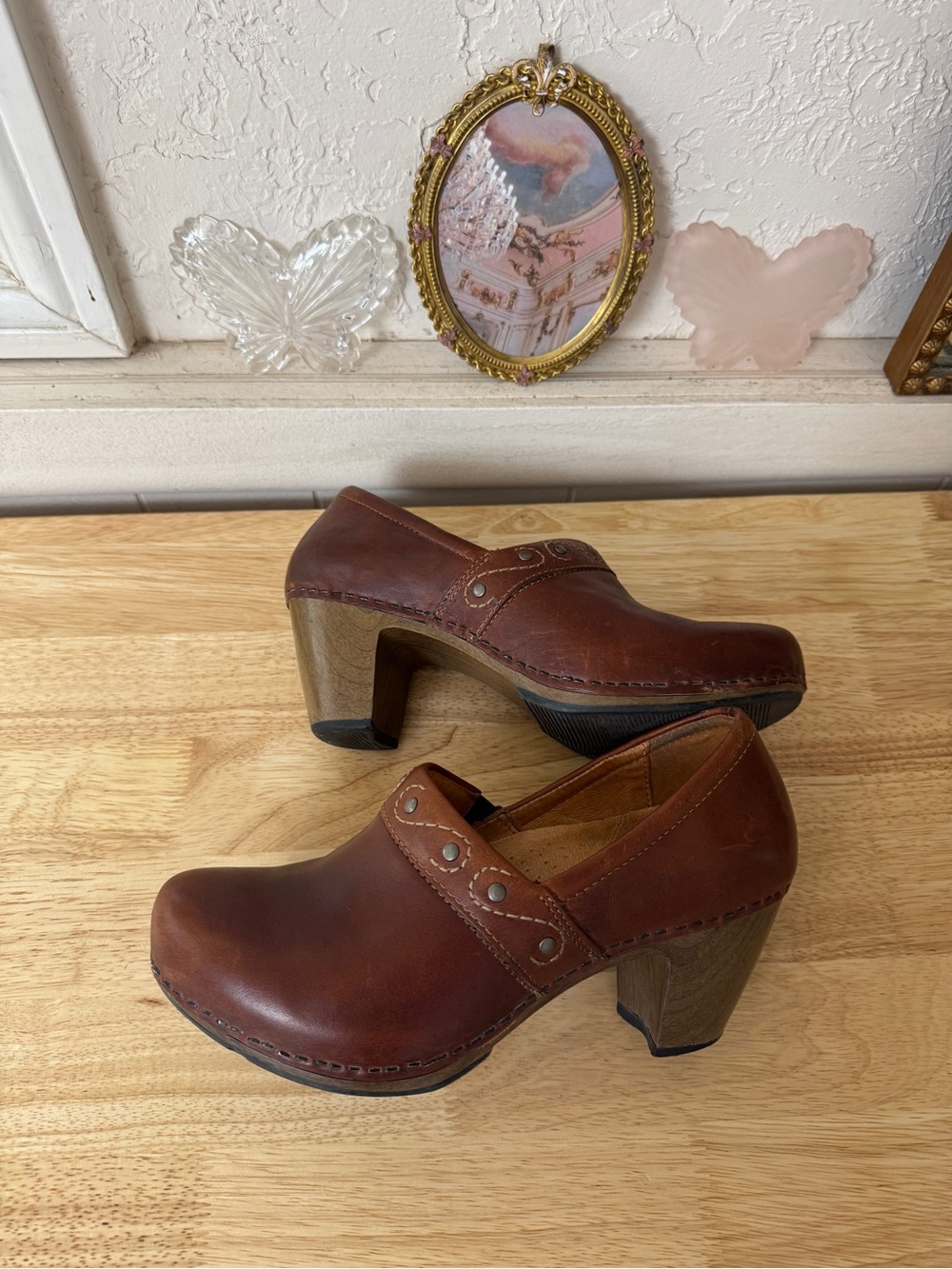 Dansko Brown Leather Heeled Clogs EU 38 Y2K Chunky Wooden Heel Shoes Whimsy